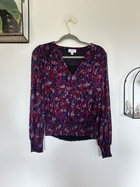 Evereve Abstract Print Meshed V Neck Long Sleeve Blouse Top Shirt Size Small